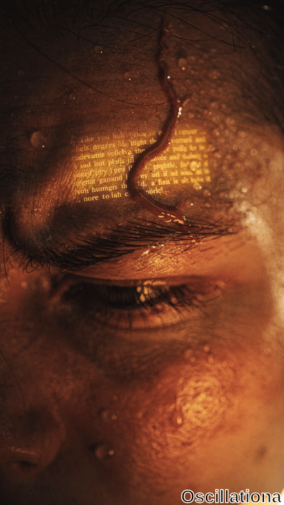 Macro view of a moist human eye and brow with yellow book text glowing across skin and lid, warm orange lighting and scattered droplets creating an intense, introspective mood.
