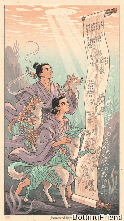 Two wolf-headed merfolk in flowing purple robes hold an open scroll underwater, surrounded by bubbles, light rays, and aquatic plants in a soft pastel fantasy illustration.