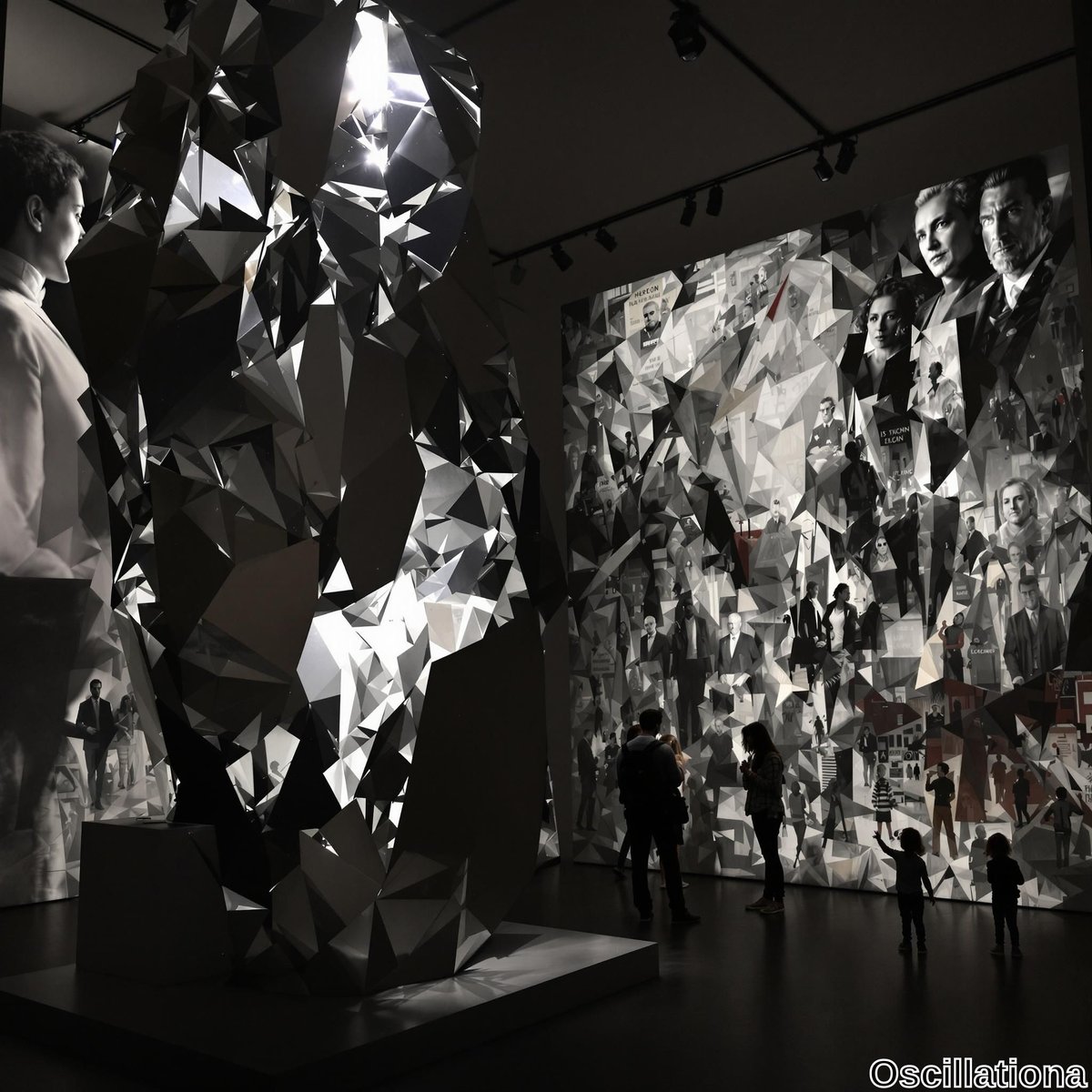 A large, abstract sculpture with reflective, angular facets stands in a dimly lit gallery, casting bright highlights.