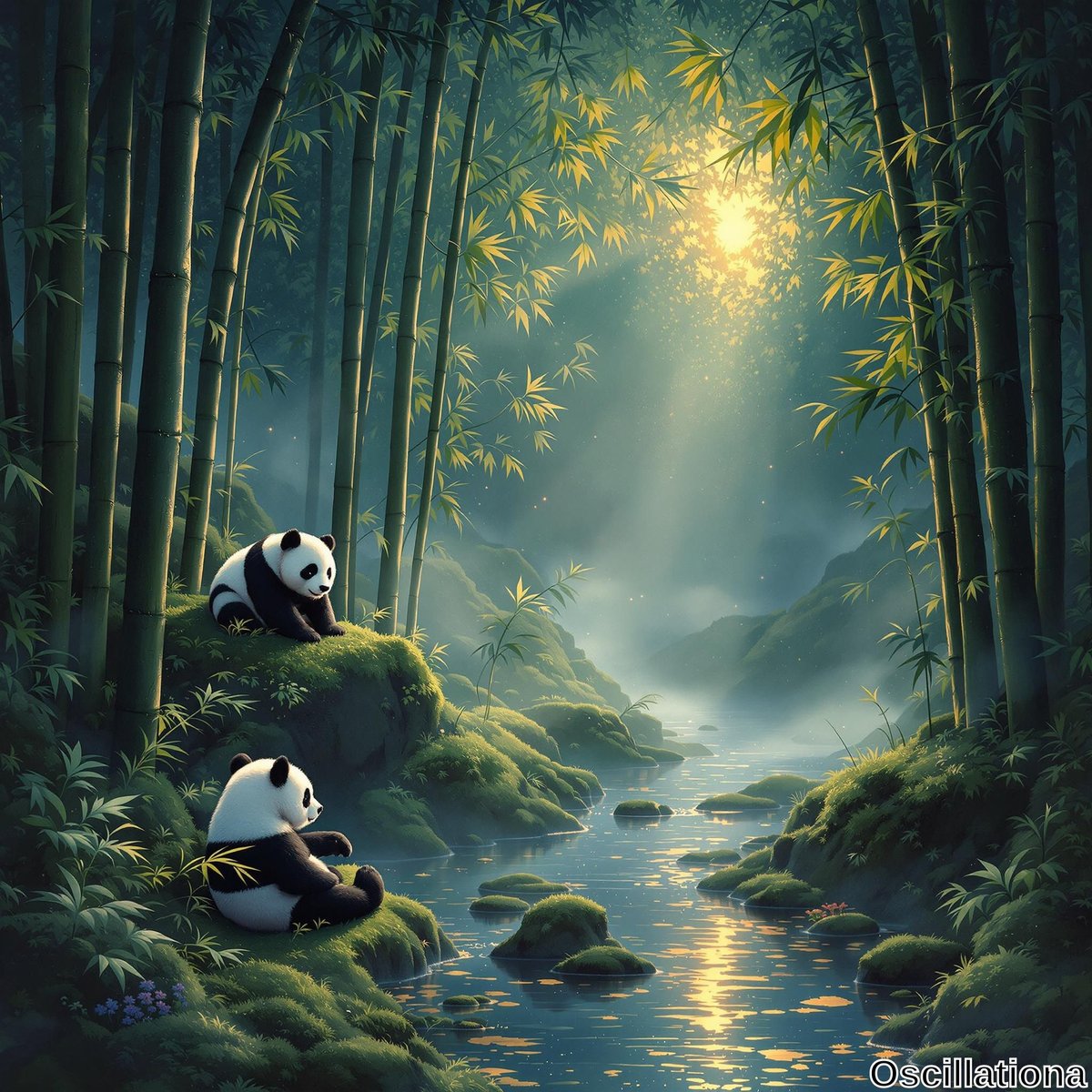 A serene bamboo forest with a reflective stream, bathed in soft golden sunlight filtering through the leaves, creating an ethereal atmosphere.