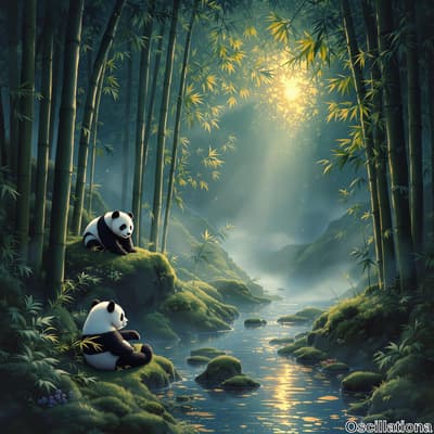 A serene bamboo forest with a reflective stream, bathed in soft golden sunlight filtering through the leaves, creating an ethereal atmosphere.