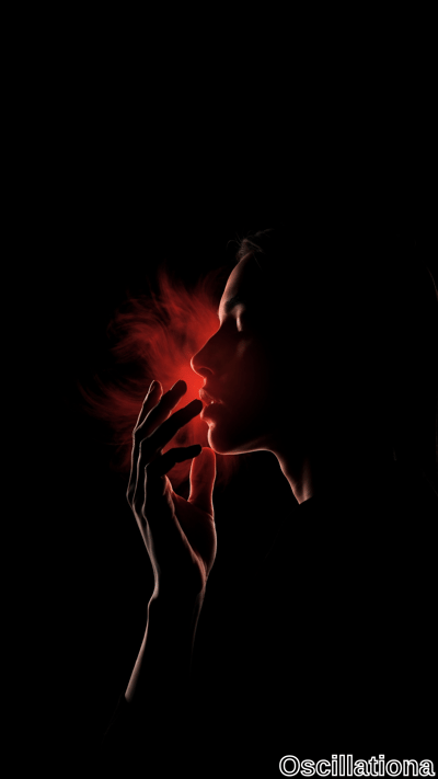 Dramatic black silhouette of a woman in profile with hand raised, exhaling a burst of glowing red particles against total darkness for an intense, mysterious mood.