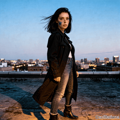 A young fair skinned freckled woman with blue smudges under left eye and windswept dark hair stands on rooftop at twilight angled away but looking at viewer with neutral expression. 
.
