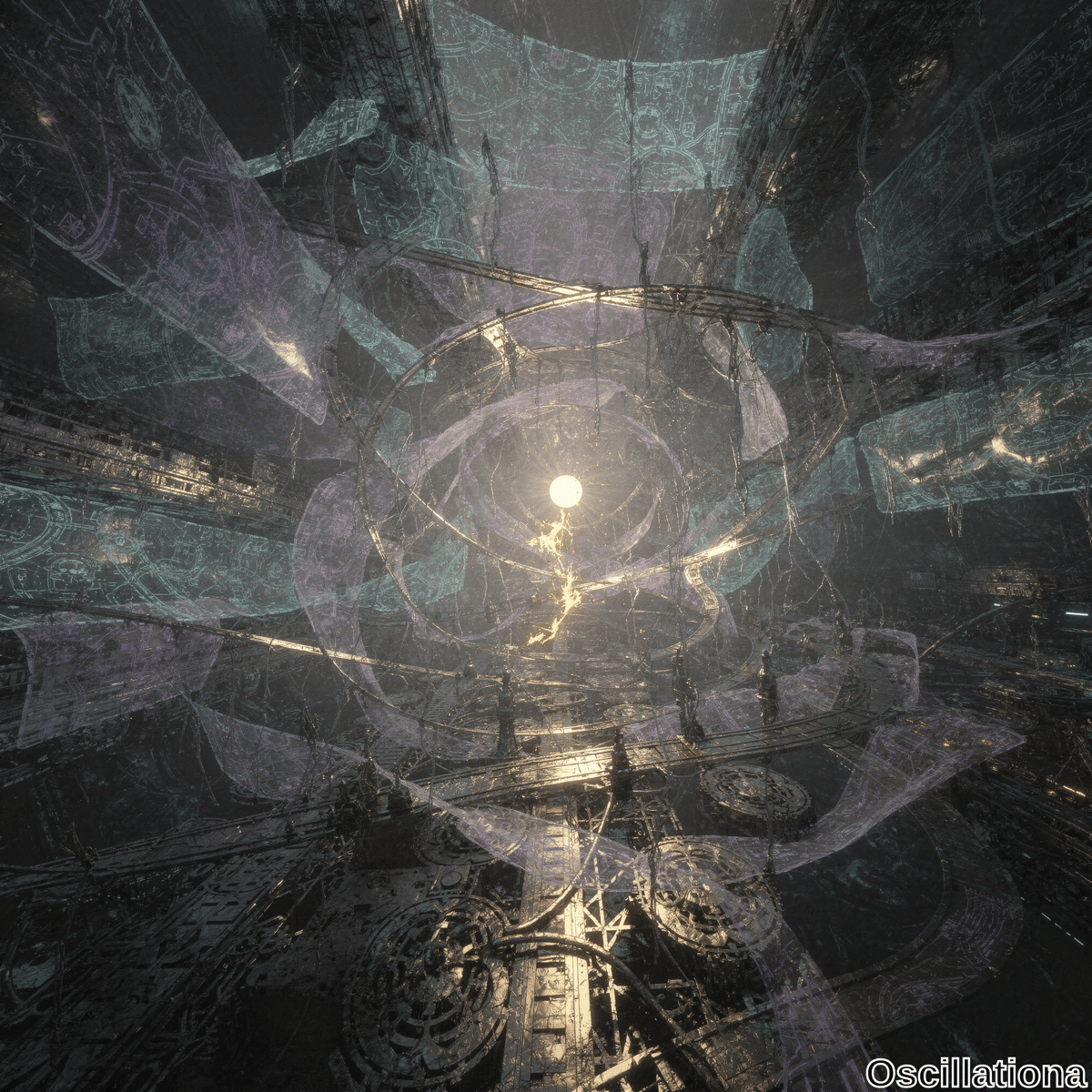 A futuristic sci-fi scene with a central glowing orb emitting bright yellow light, surrounded by concentric circular structures resembling a portal or energy focal point, set against a backdrop of metallic, industrial elements in dark shades with platforms and walkways
