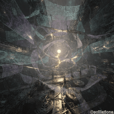 A futuristic sci-fi scene with a central glowing orb emitting bright yellow light, surrounded by concentric circular structures resembling a portal or energy focal point, set against a backdrop of metallic, industrial elements in dark shades with platforms and walkways