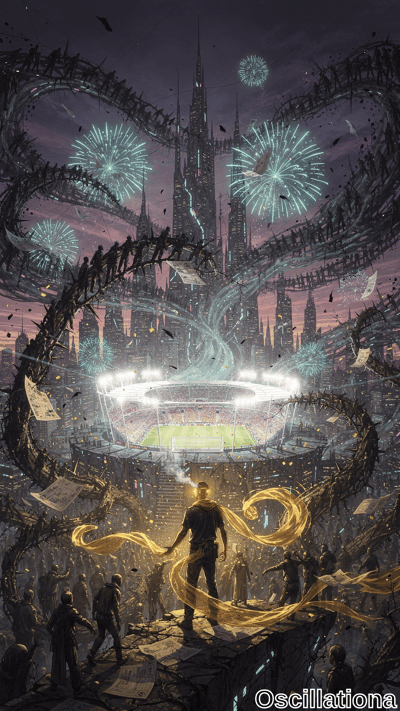 A lone figure emits swirling golden ribbons before a brightly illuminated stadium, encircled by dark thorny vines under a purple night sky filled with fireworks and floating papers.
