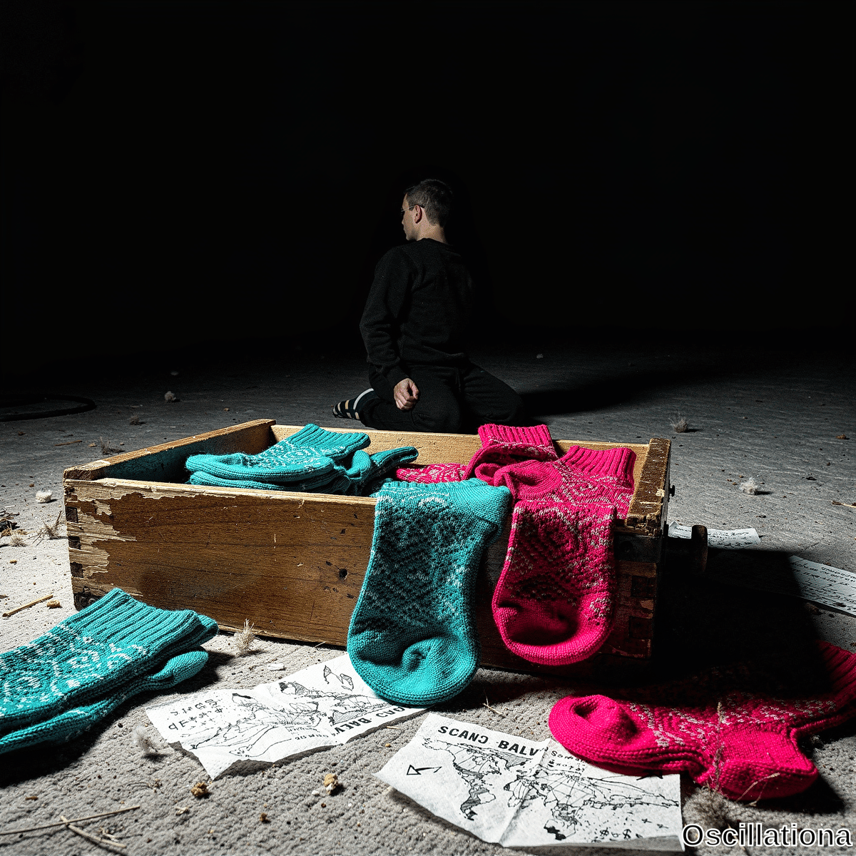 Dramatic image of man in black kneeling with back to viewer beside crate of teal and magenta Nordic socks and Scandinavia map in high contrast lighting casting deep shadows. 
.