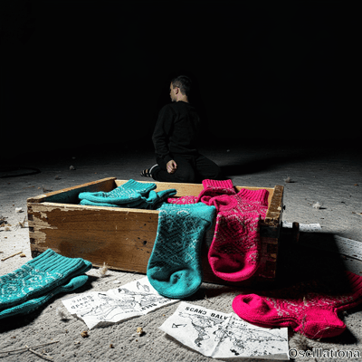 Dramatic image of man in black kneeling with back to viewer beside crate of teal and magenta Nordic socks and Scandinavia map in high contrast lighting casting deep shadows. 
.