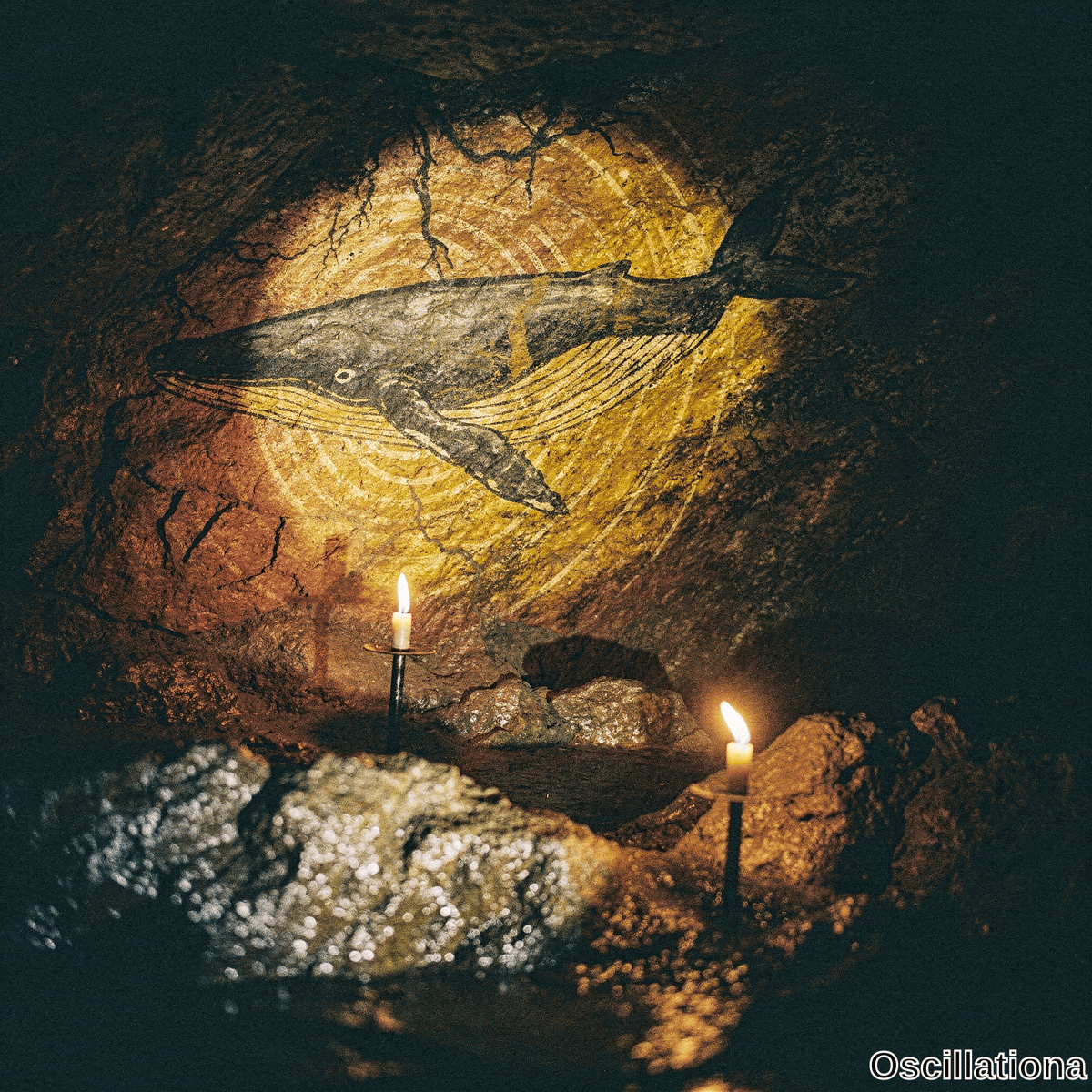 Dark rocky cave lit by two candles with a humpback whale mural in charcoal and gold on a radiant golden circular pattern with shallow water bokeh creating mystical atmosphere. 
.