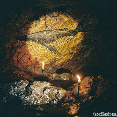 Dark rocky cave lit by two candles with a humpback whale mural in charcoal and gold on a radiant golden circular pattern with shallow water bokeh creating mystical atmosphere. 
.
