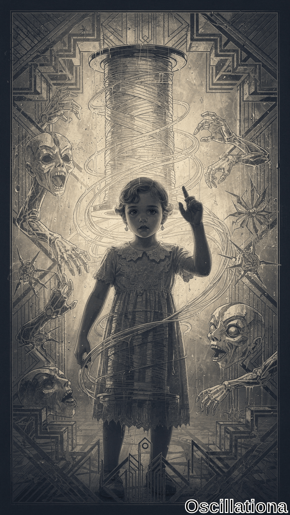 Grayscale Art Deco horror: wide-eyed girl in lace dress with curly bob points upward at glowing Tesla coil vortex behind her, summoning snarling biomechanical aliens with fanged mouths, tentacles, and claws from shadowy chaos.