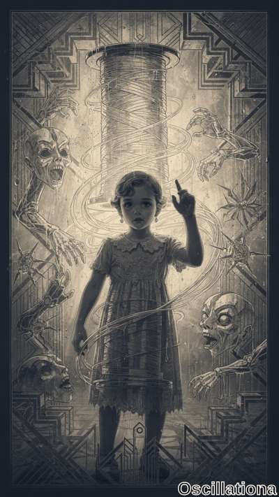 Grayscale Art Deco horror: wide-eyed girl in lace dress with curly bob points upward at glowing Tesla coil vortex behind her, summoning snarling biomechanical aliens with fanged mouths, tentacles, and claws from shadowy chaos.
