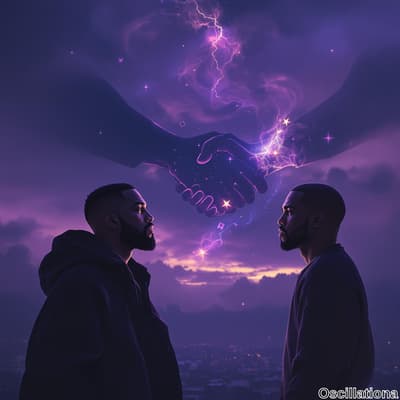 "Two men in profile, one in a dark hoodie and the other in a fitted shirt, face each other against a surreal twilight backdrop of deep purples and blues.