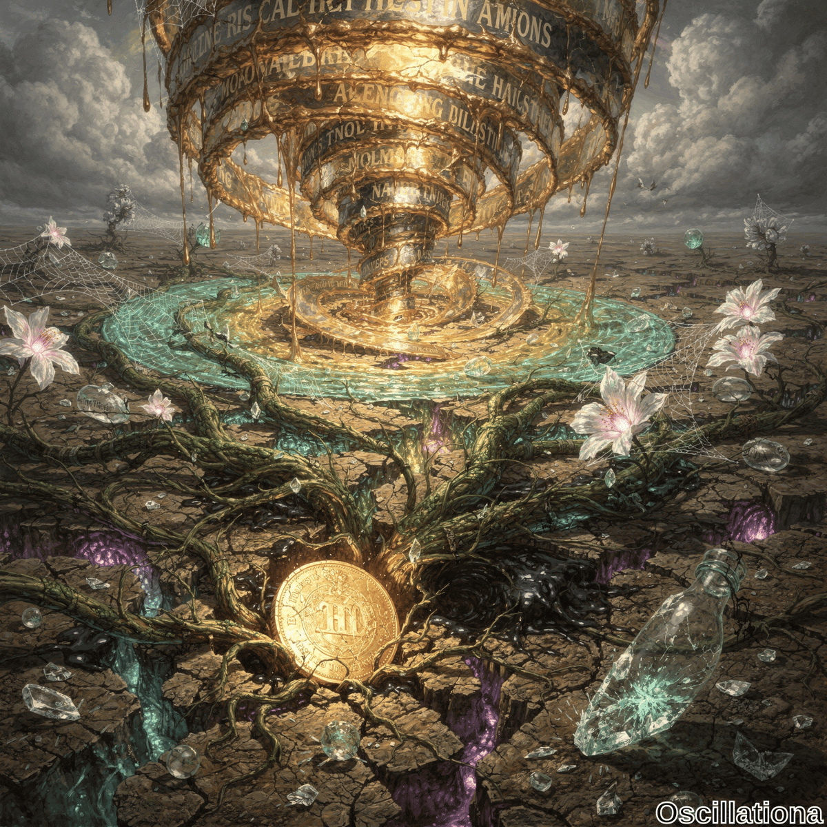 A surreal scene with a large, golden spiral structure floating above cracked, barren ground in earthy browns and purples