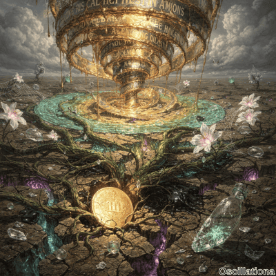 A surreal scene with a large, golden spiral structure floating above cracked, barren ground in earthy browns and purples