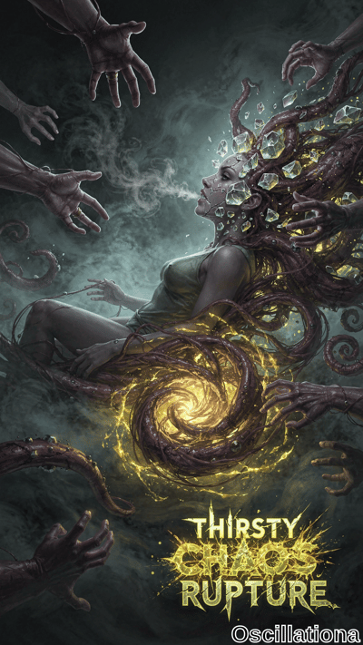 A dark, fantastical artwork depicting a serene woman with closed eyes and a slightly open mouth exhaling mist, wearing a greenish top