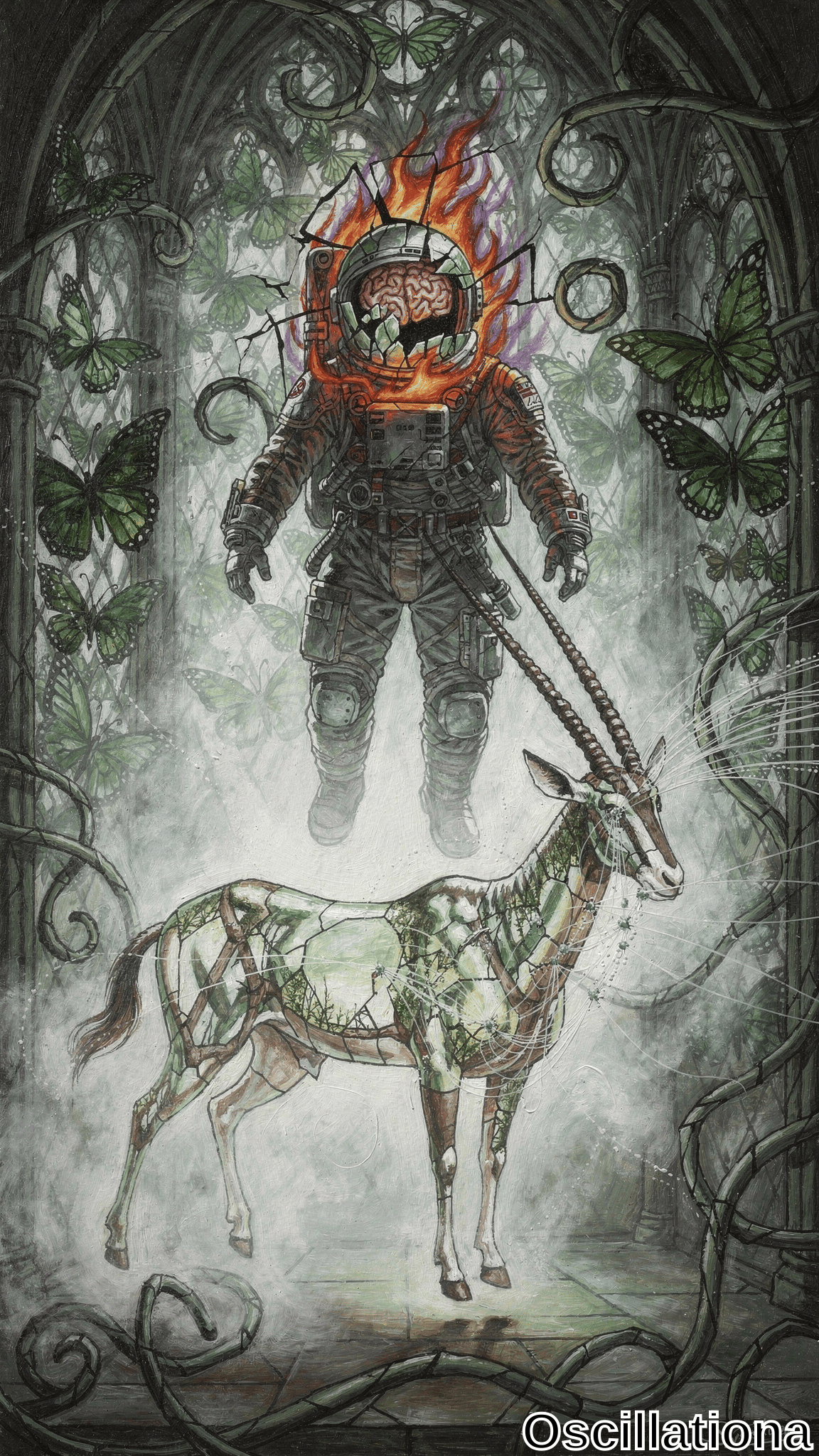 Surreal tarot art of floating orange-suited astronaut in vine-overrun gothic cathedral: cracked helmet exposes flaming orange brain with purple energy rings, green vines/butterflies swirling; jade crystalline deer below in mist.