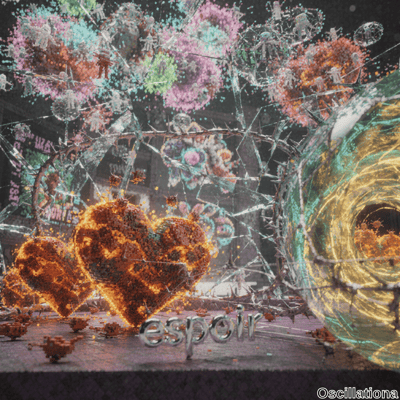 Vibrant digital artwork with two large, pixelated hearts in orange and red, made of glowing particles, and the word "espo" in metallic letters below