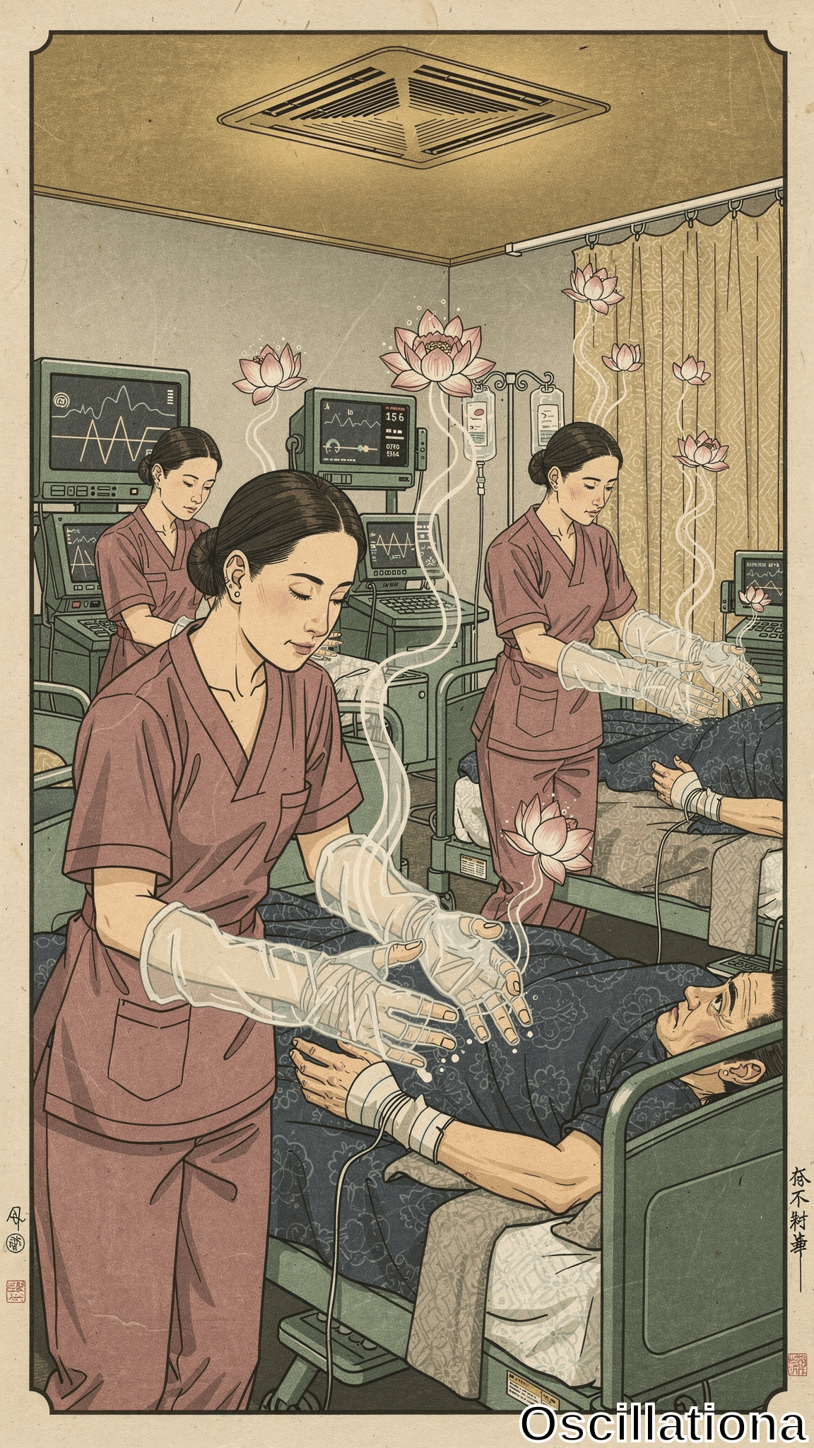 Vintage ukiyo-e woodblock print in sage greens, beiges, pinks, and blues depicts a surreal hospital: serene Asian nurse in maroon scrubs channels glowing white energy smoke from hovering hands to bandaged male