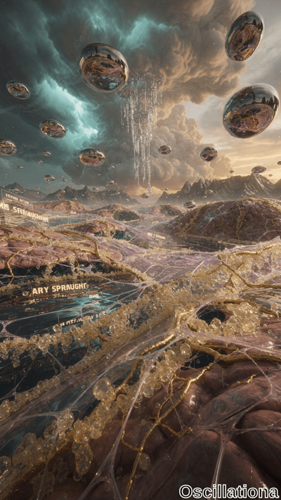 A surreal landscape with a translucent, crystalline ground veined in gold, resembling a network of nerves
