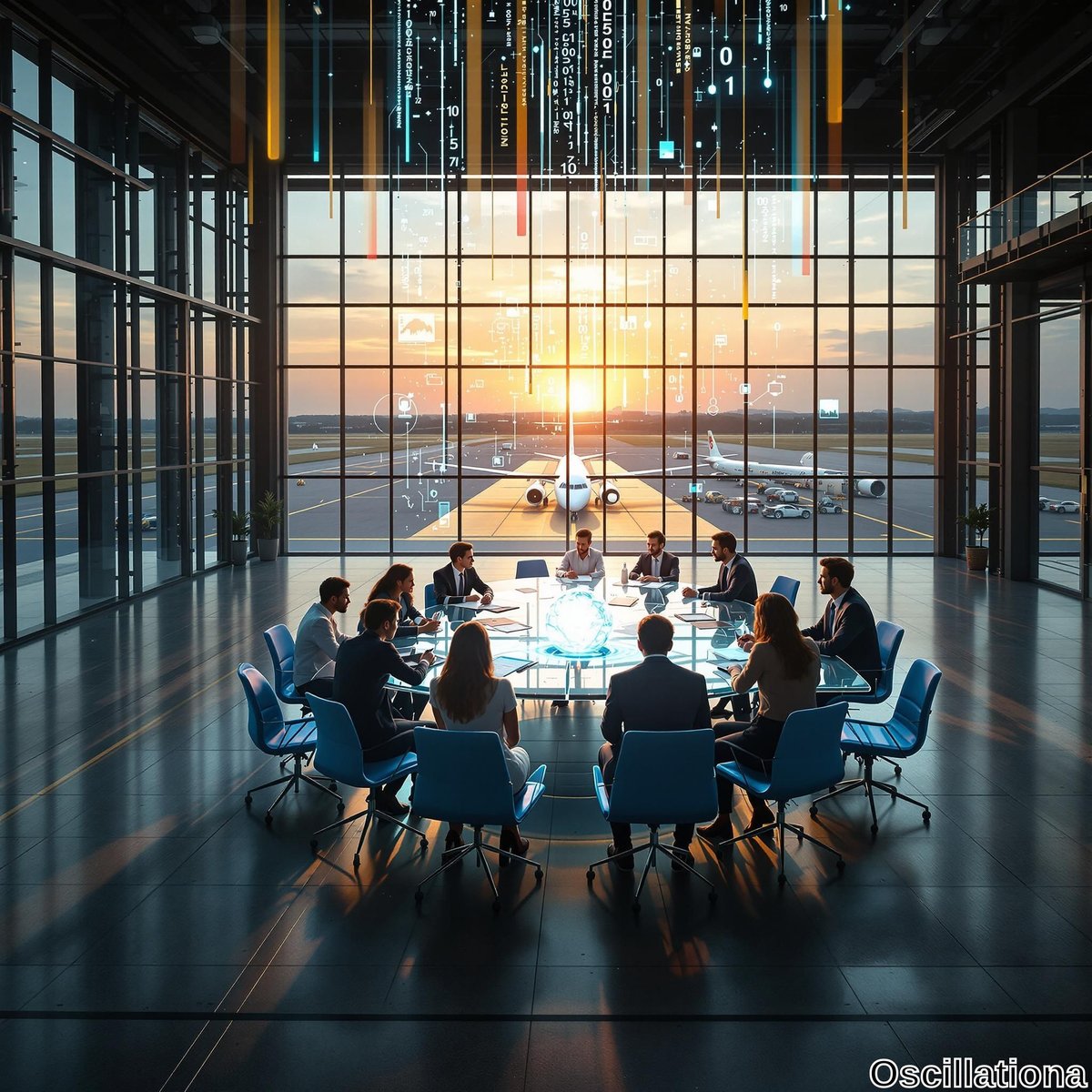 A modern conference room with large glass windows overlooking an airport runway at sunset, bathed in warm orange and yellow hues.