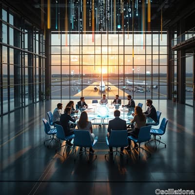 A modern conference room with large glass windows overlooking an airport runway at sunset, bathed in warm orange and yellow hues.