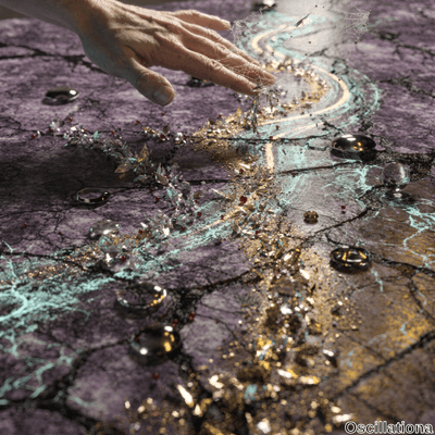 A close-up of a hand with visible veins and wrinkles gently touching an intricate, artistic surface resembling a textured, cracked landscape in dark purple and black