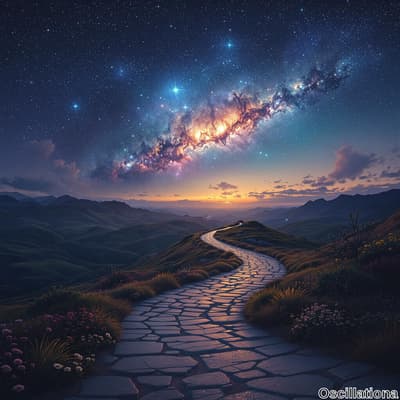 A serene twilight landscape with a winding stone path of irregularly shaped, flat stones, bordered by lush greenery and colorful pink and white wildflowers.