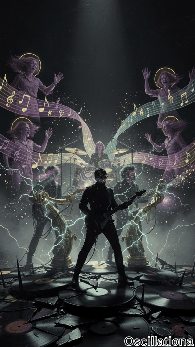 A silhouetted guitarist stands on shattered vinyl records beneath glowing angelic figures with halos and swirling musical notes, accented by electric blue lightning. Dark purple and gold tones create a mystical rock concert mood.
