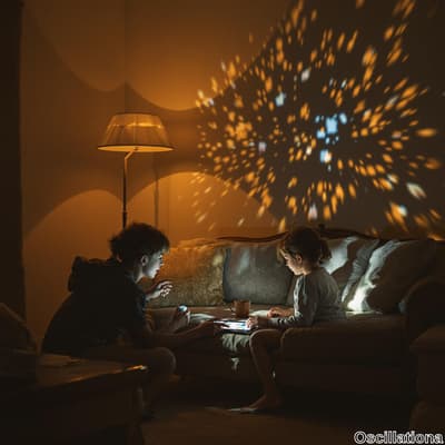 In a cozy, dimly lit living room, two children engage with a tablet on a coffee table, surrounded by warm yellow and brown tones.