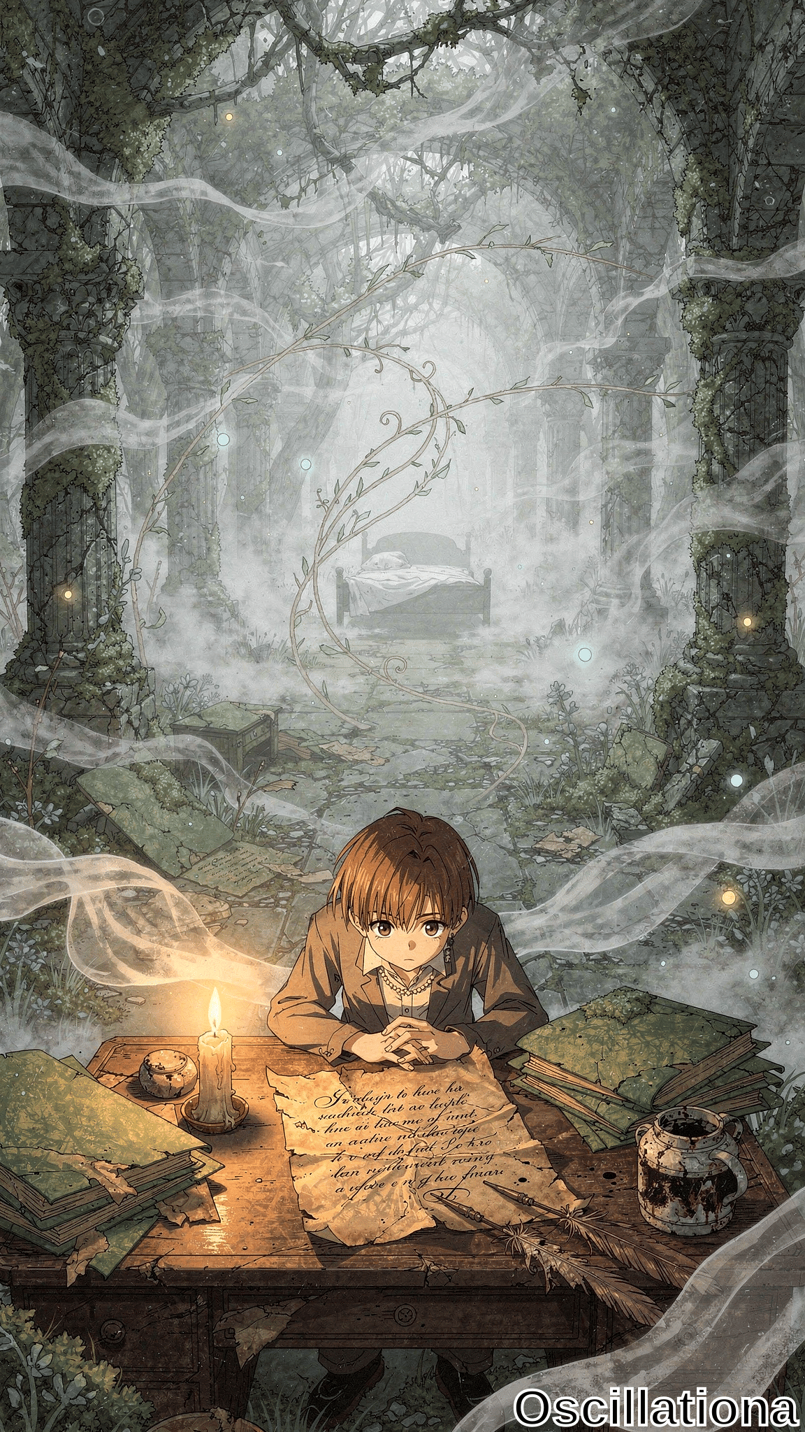 A contemplative pre-teen boy with reddish-brown hair, round glasses, and trench coat sits at a candlelit wooden desk cluttered with tattered books, inkwell, quills, and yellowed letter amid foggy mossy ruins