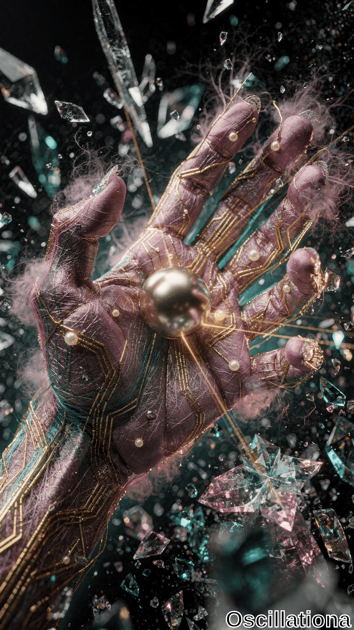 A futuristic purple hand with golden circuitry patterns holds a metallic sphere emitting light rays, connected to the hand