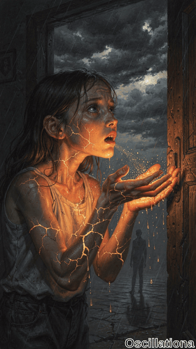 A young girl stands in a doorway, her hands extended towards a luminous object, her skin glowing with cracks of light against the dark, stormy night