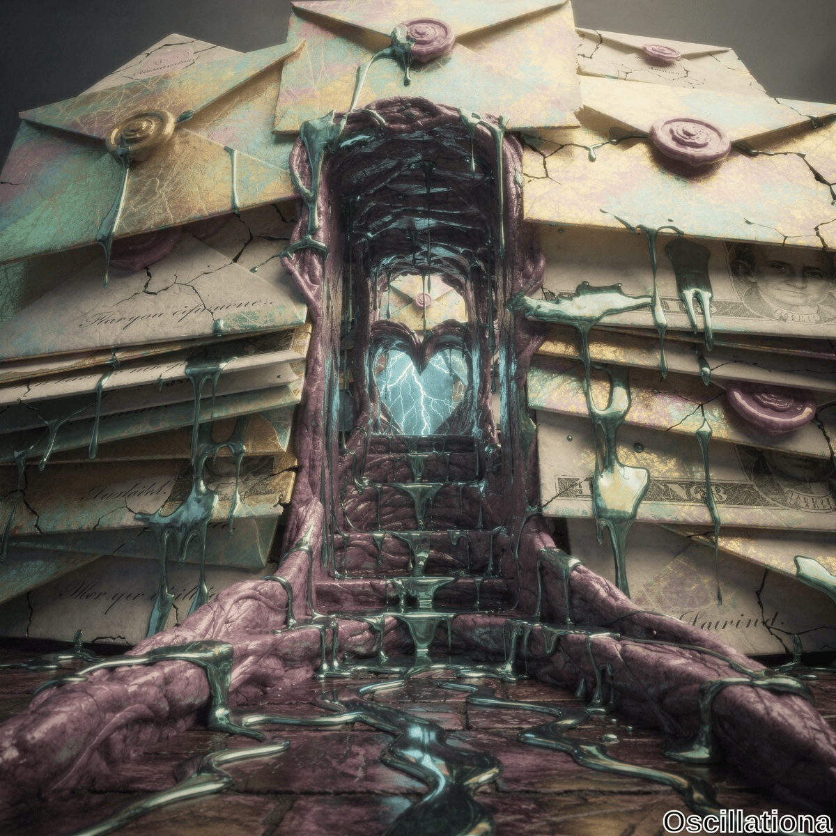 A surreal scene where pastel-colored envelopes and letters, adorned with purple and pink wax seals, form a tunnel leading to a glowing heart-shaped portal