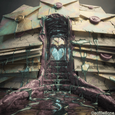 A surreal scene where pastel-colored envelopes and letters, adorned with purple and pink wax seals, form a tunnel leading to a glowing heart-shaped portal