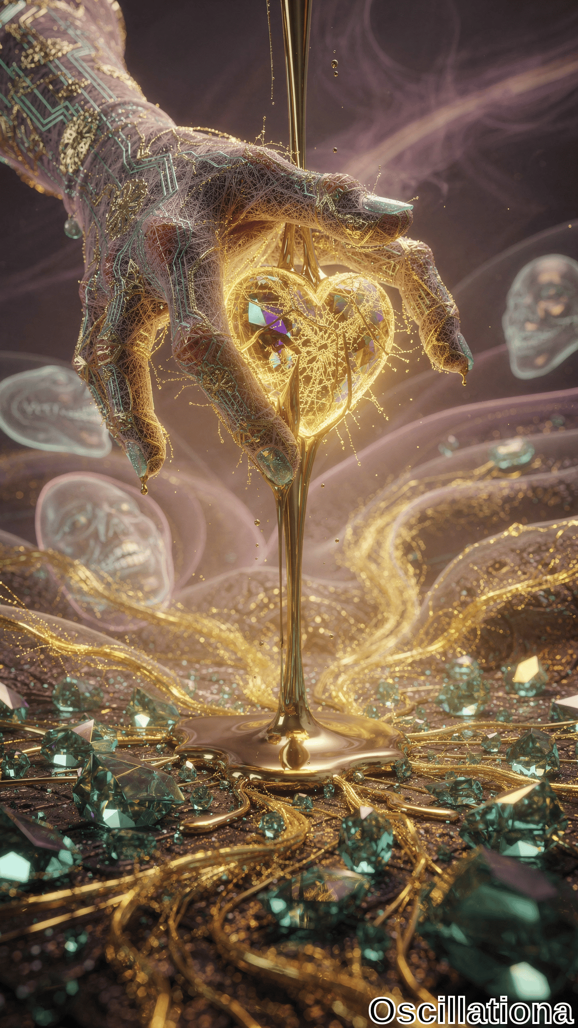 A surreal hand made of glowing circuitry and golden threads holds a radiant, heart-shaped crystal emitting golden light with teal reflections