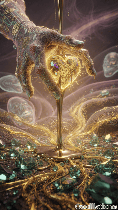 A surreal hand made of glowing circuitry and golden threads holds a radiant, heart-shaped crystal emitting golden light with teal reflections