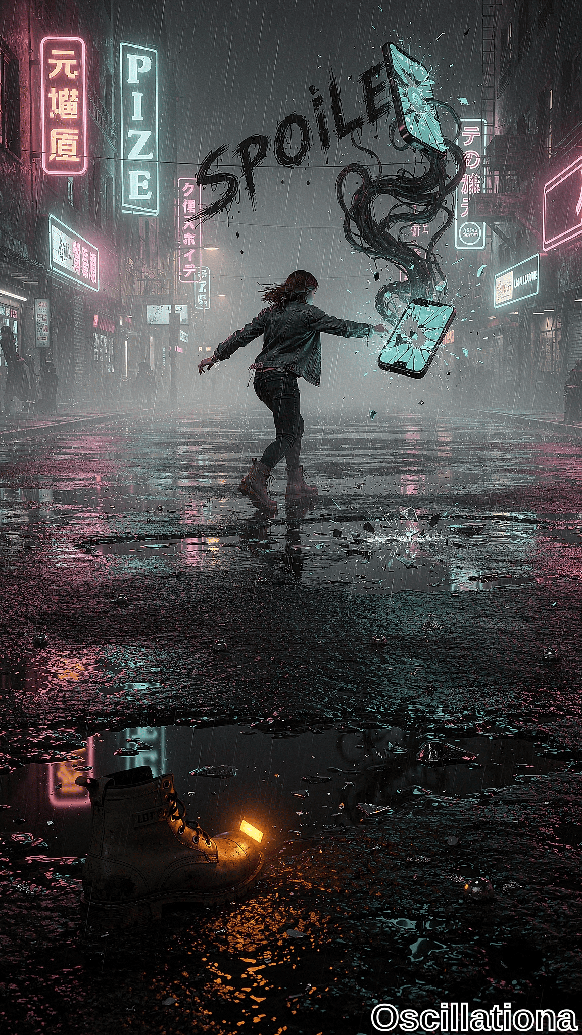 Cyberpunk rainy night street aglow with cyan, pink, magenta neon signs ("PIZE" pizza, "元宝酒店"). Long-haired woman flees in denim jacket, jeans, tan boots, hurling shattered teal phone