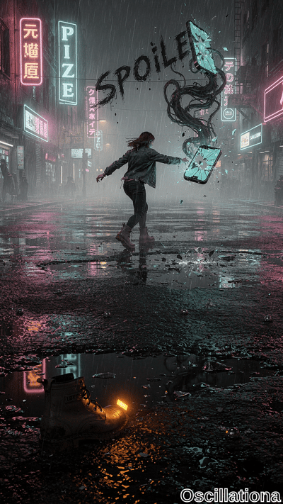 Cyberpunk rainy night street aglow with cyan, pink, magenta neon signs ("PIZE" pizza, "元宝酒店"). Long-haired woman flees in denim jacket, jeans, tan boots, hurling shattered teal phone