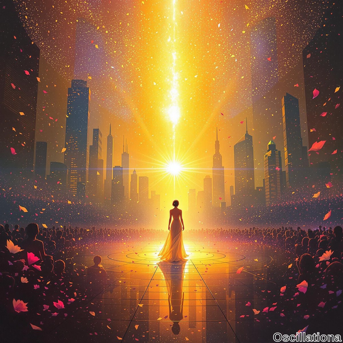 A figure in a flowing yellow gown stands on a reflective surface, silhouetted against a radiant sunbeam piercing through a cityscape of blue and gray skyscrapers.