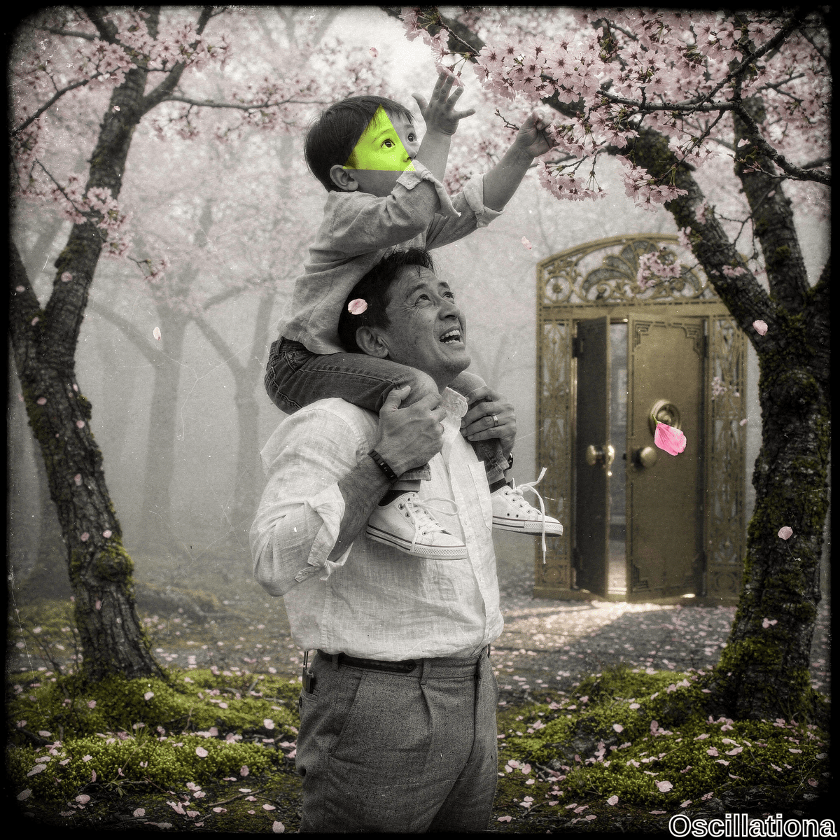 Dreamlike sepia vignette of joyful Asian father piggybacking toddler son in misty cherry blossom forest. Boy in neon-green triangular mask grasps pink sakura; dad in white shirt holds legs. Gold Art Nouveau gate ajar