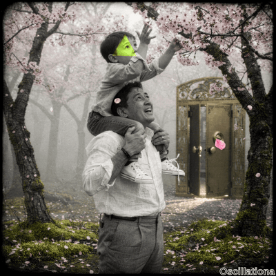 Dreamlike sepia vignette of joyful Asian father piggybacking toddler son in misty cherry blossom forest. Boy in neon-green triangular mask grasps pink sakura; dad in white shirt holds legs. Gold Art Nouveau gate ajar