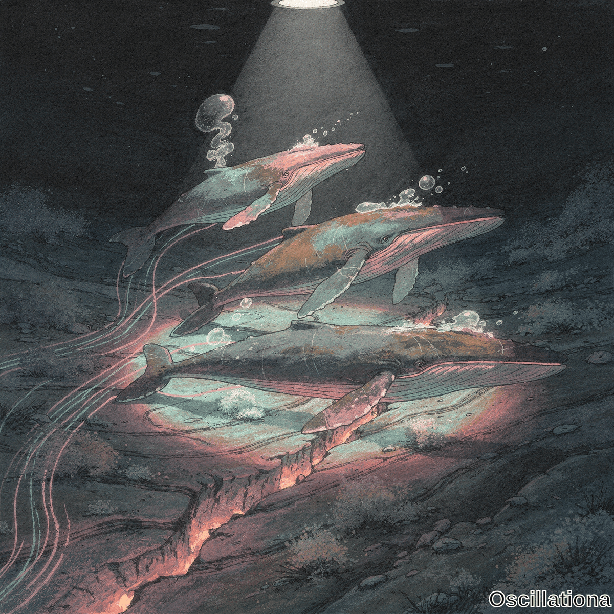 Three iridescent humpback whales swim diagonally toward a powerful surface spotlight above a rocky seabed with glowing orange fissures in dark waters. 
The image depicts their graceful ascent through deep ocean with visible bubbles emphasizing motion and contrast.