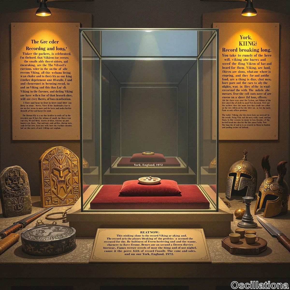 A museum exhibit showcasing Viking heritage with artifacts in a central transparent display case.