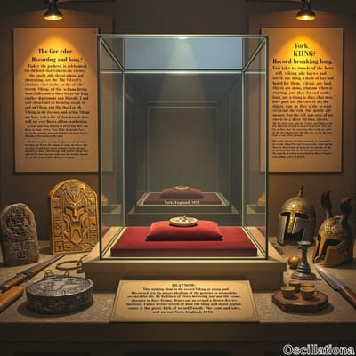 A museum exhibit showcasing Viking heritage with artifacts in a central transparent display case.