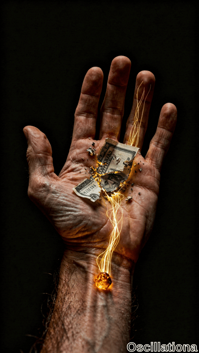 An open human hand with palm up against a black background holds a burning, crumpled US