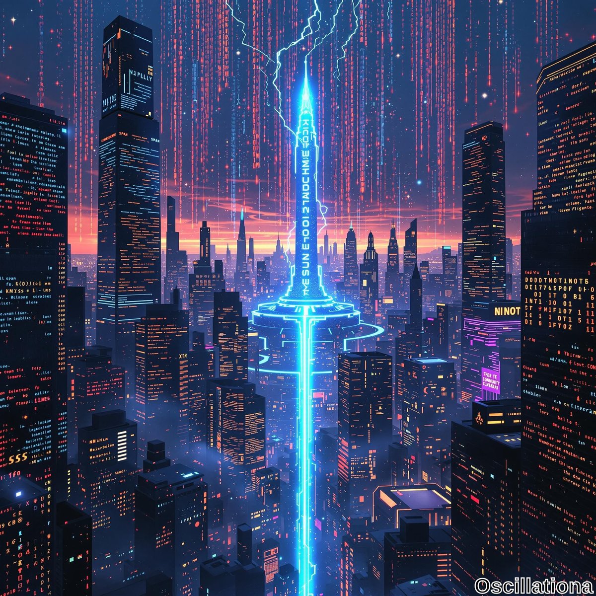 A futuristic cityscape at dusk with towering skyscrapers lit by vibrant neon lights.