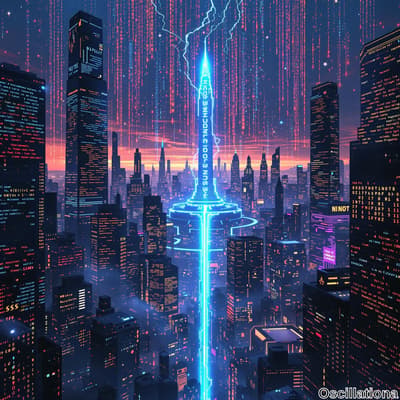 A futuristic cityscape at dusk with towering skyscrapers lit by vibrant neon lights.