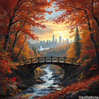A wooden arched bridge spans a gentle stream with smooth rocks in the foreground, reflecting vibrant autumn hues.