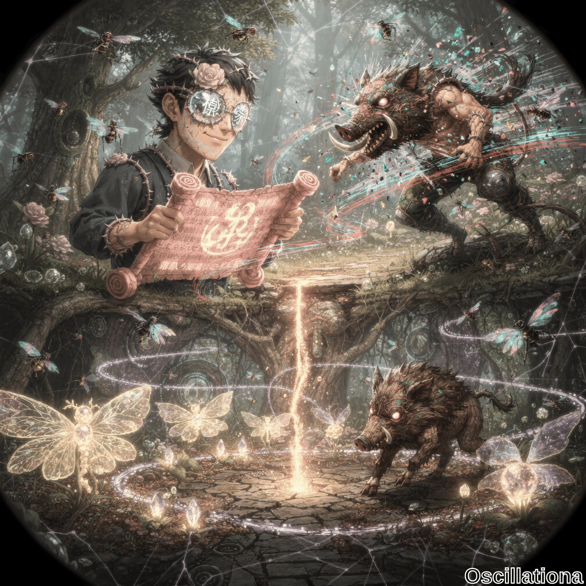 A young person with floral-designed glasses holds a pink scroll with symbols, surrounded by glowing butterflies and bees in a mystical forest
